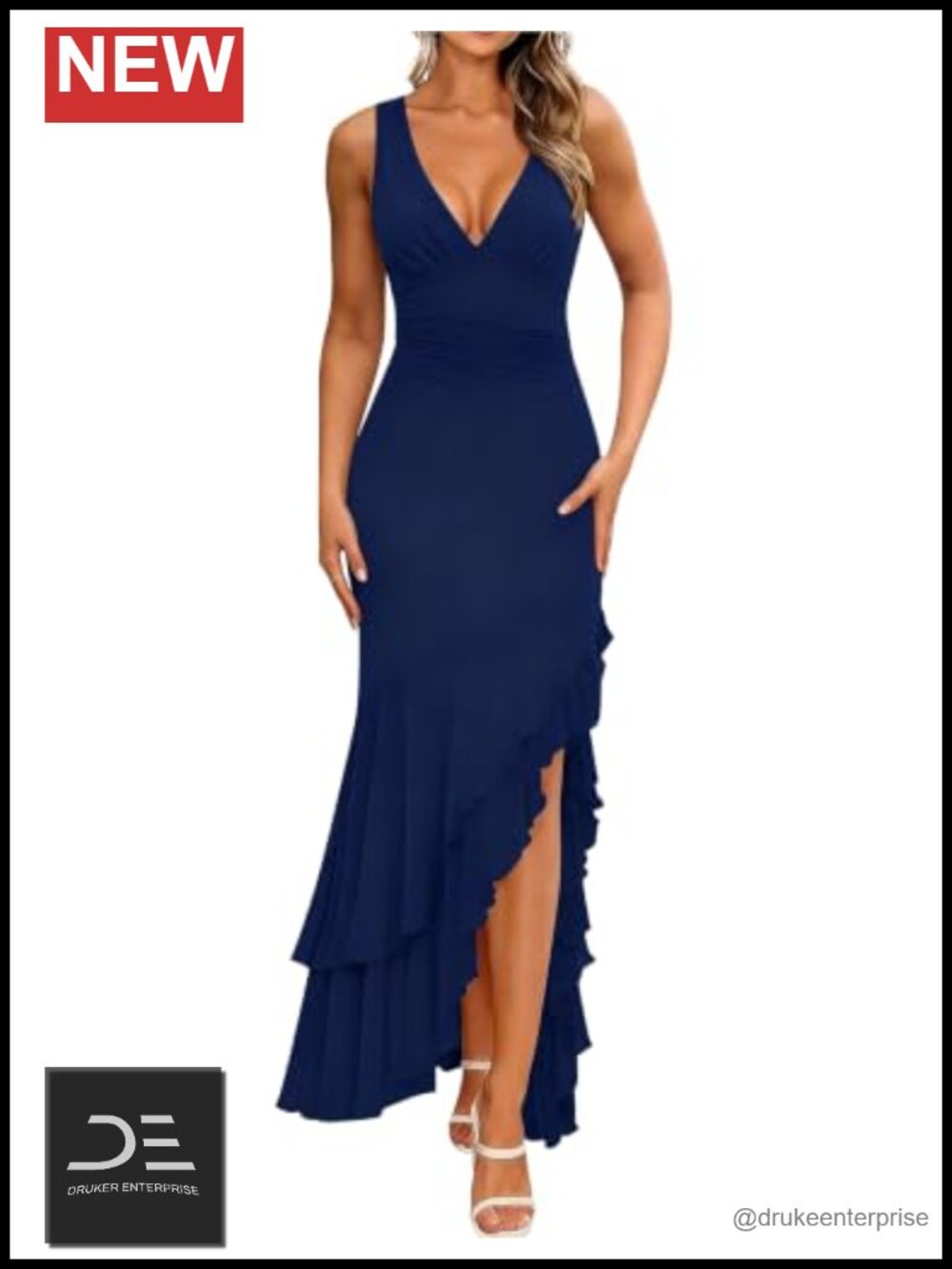 Elegant Mermaid Ruffle Cocktail Maxi Dress V-Neck Backless High Slit Formal